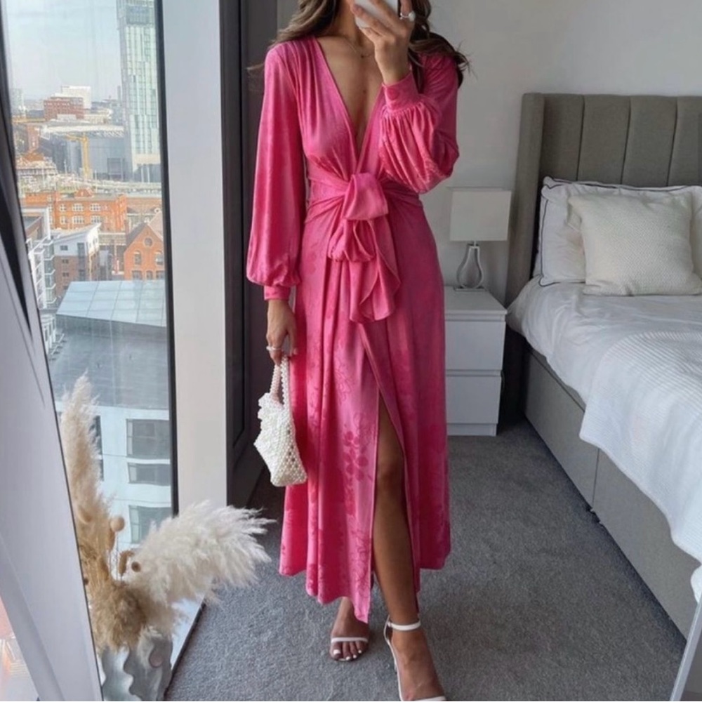 Zara Pink Stretch jacquard Maxi wrap Dress with tie